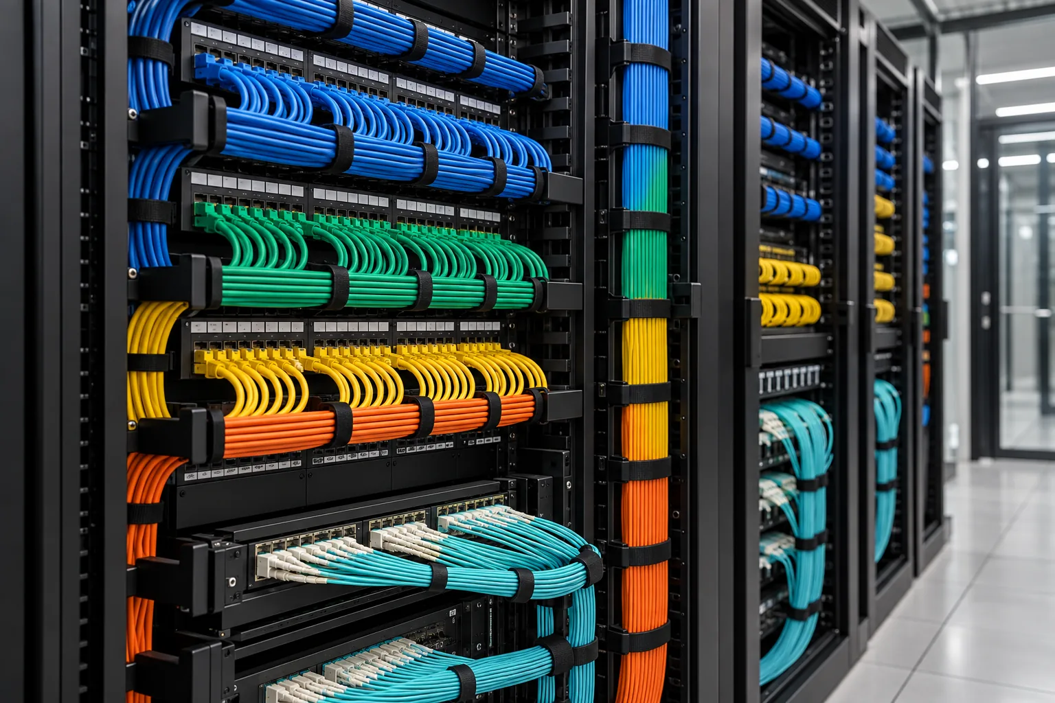 Professionally dressed data center rack with precise color-coded cabling