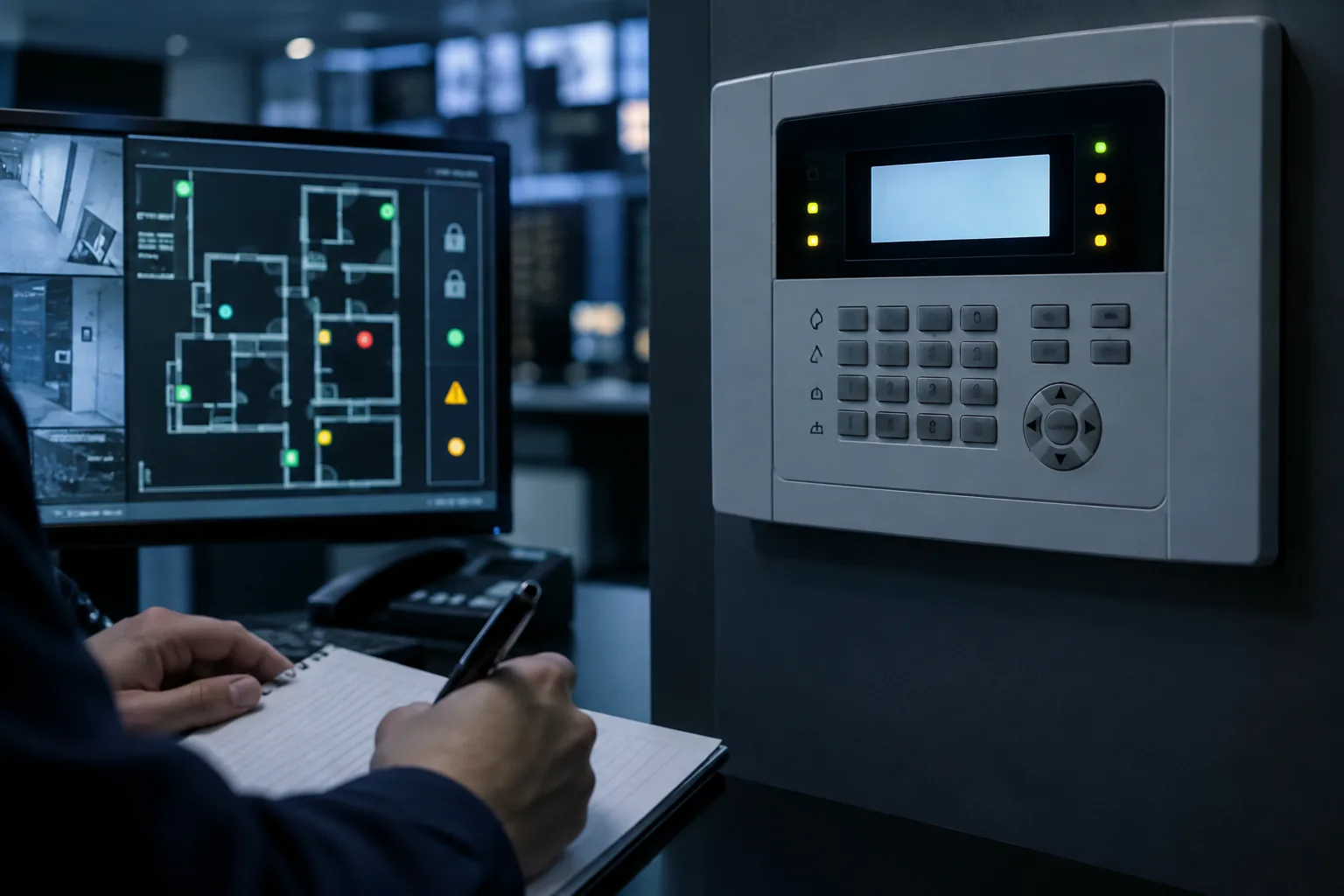 The alarm contact list is part of the system: Intrusion alarm control panel in a building operations room