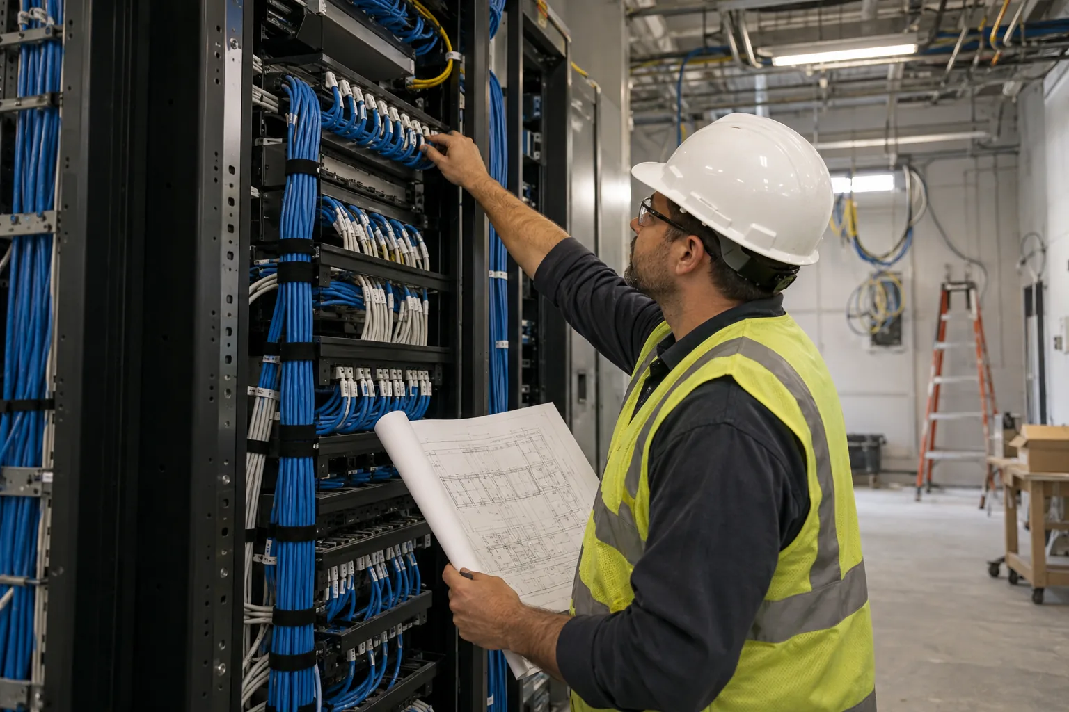 Technology turnover begins before construction ends: Technician inspecting a cabling rack during construction turnover