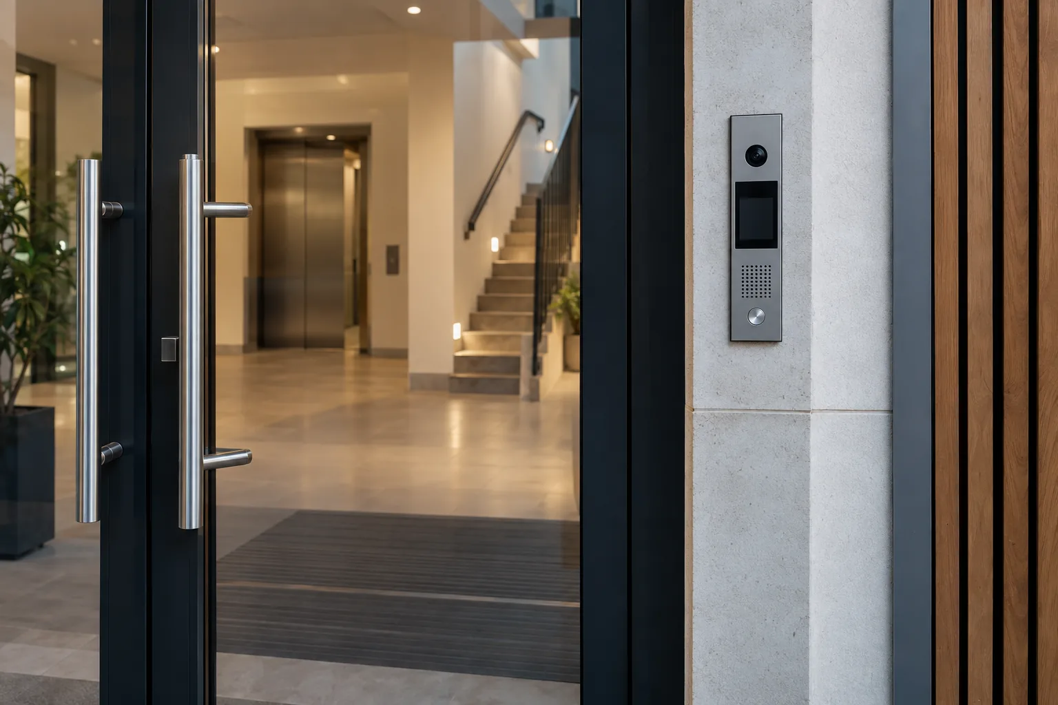 The intercom directory is a living system: Video intercom beside a modern apartment entry