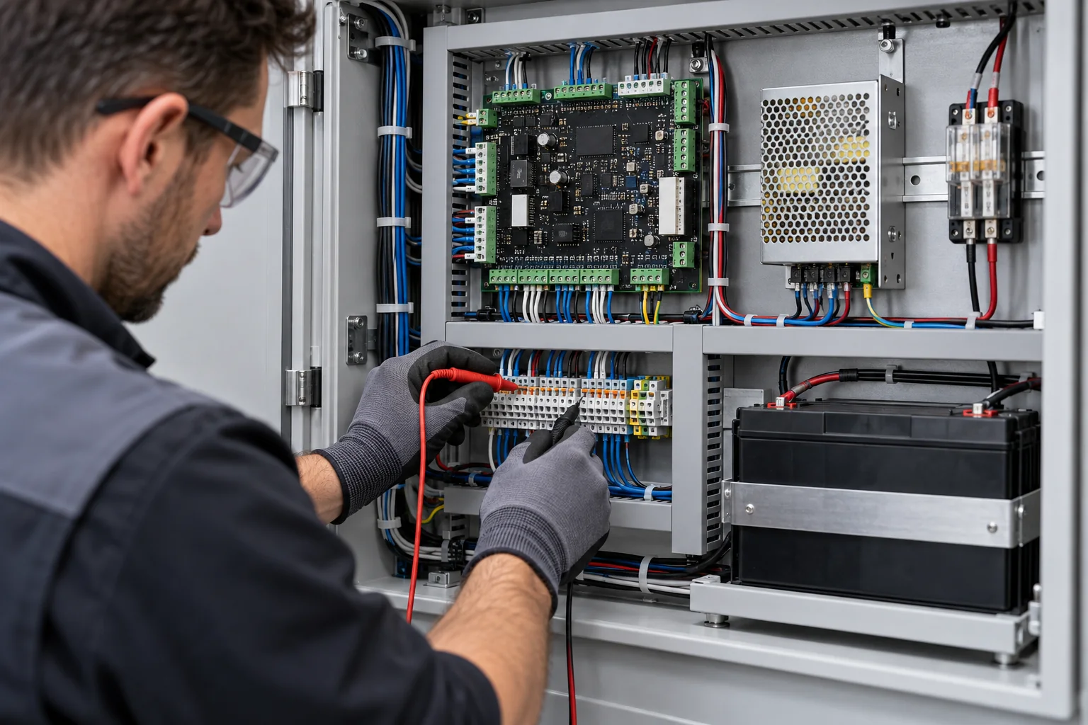 System design: technician verifying a neatly wired control panel