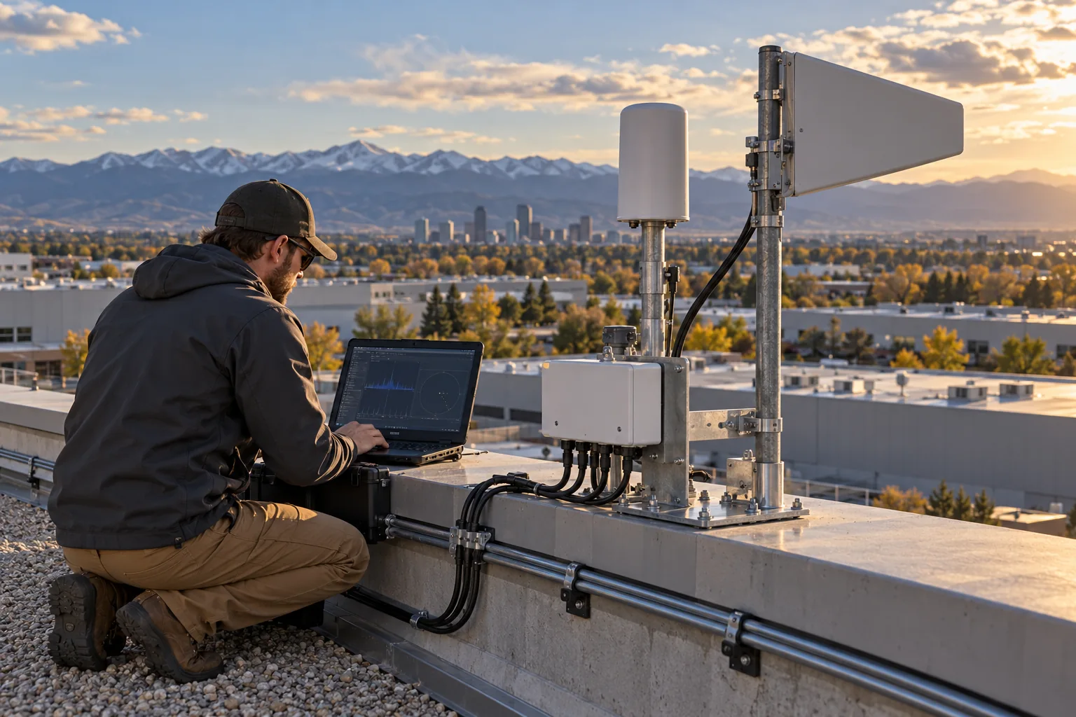 Drone detection & response planning: Technician commissioning a rooftop drone-detection receiver
