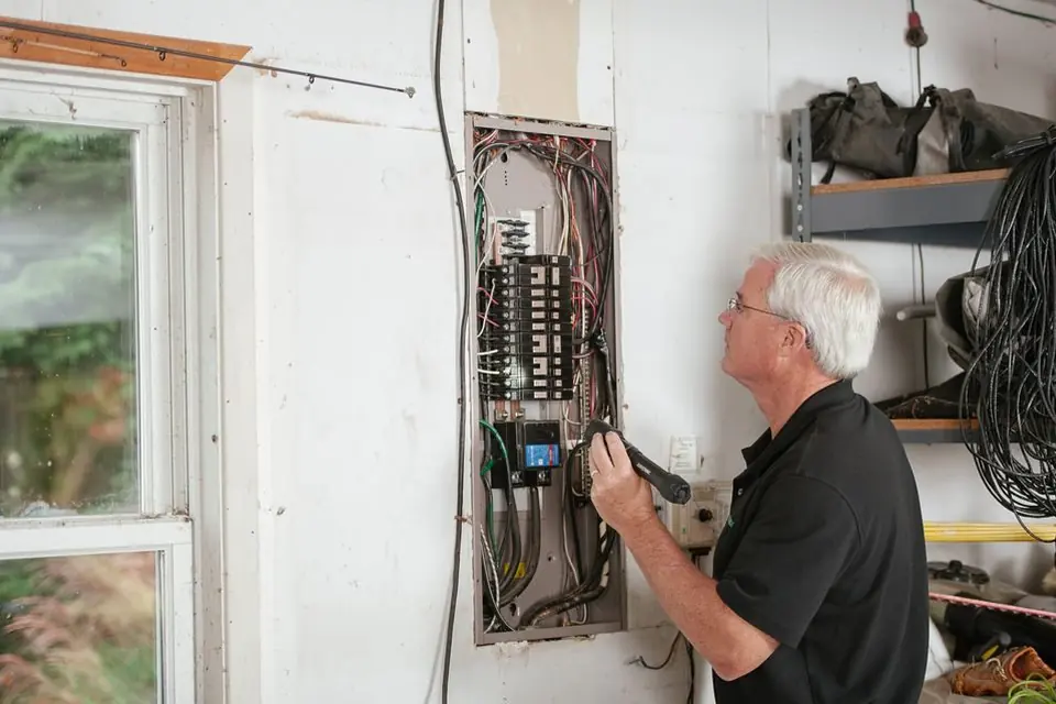 Electrician Inspecting Residential Fuse Box Area