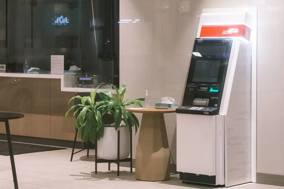 Modern ATM Machine in Quiet Bank Lobby