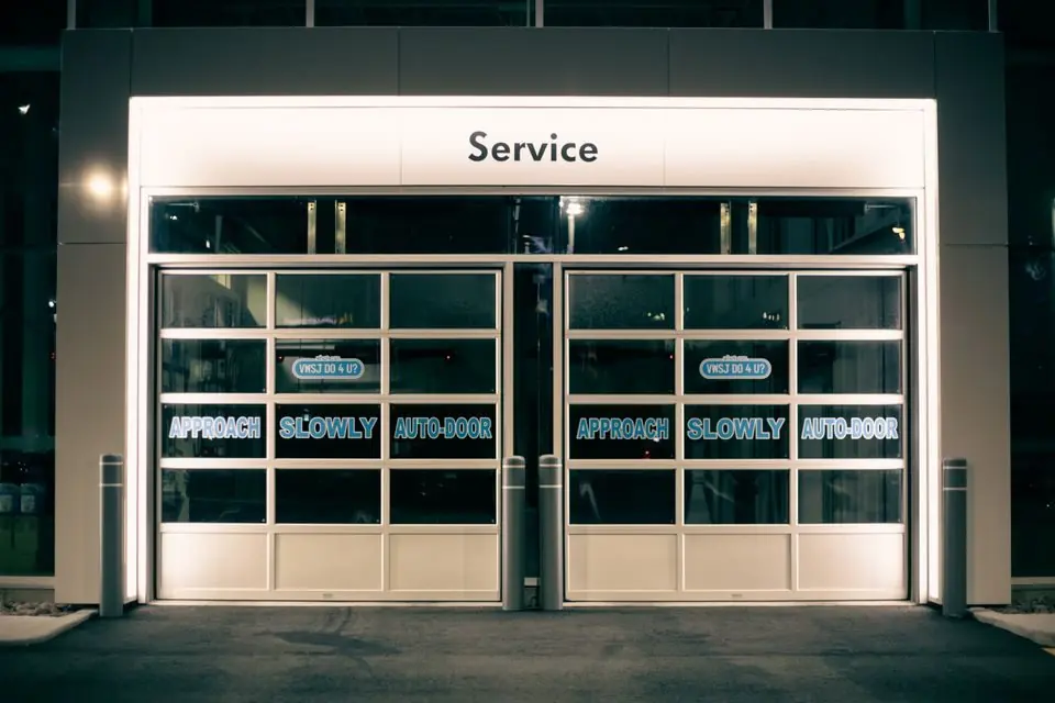 Entrance of service center with glass doors