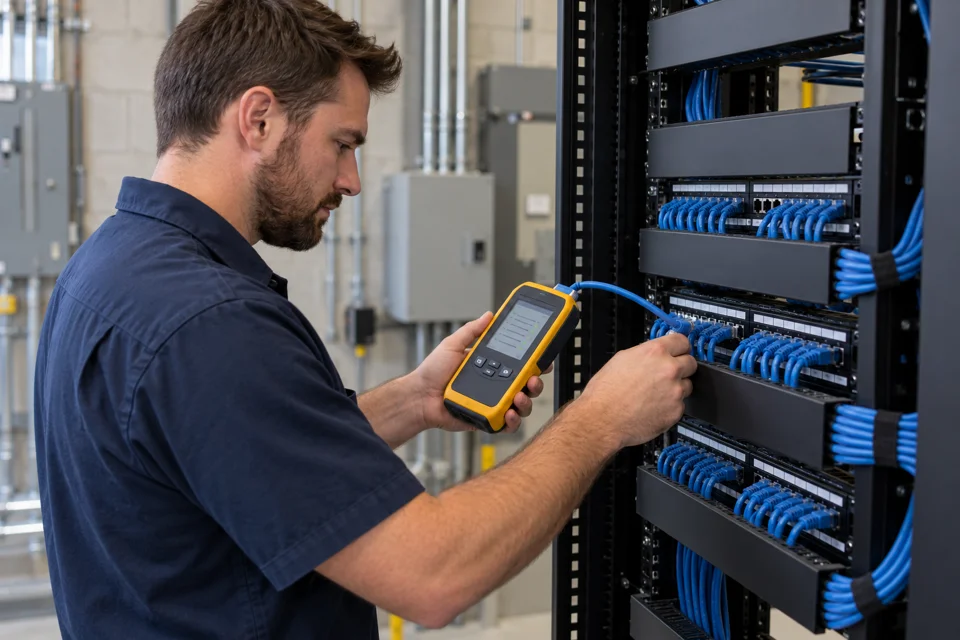 Technician testing network patch-panel connections with a handheld cable tester