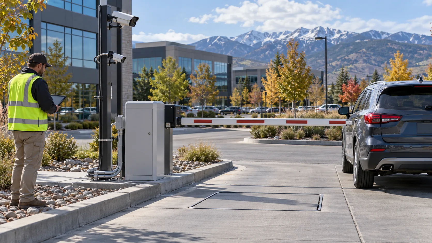 License plate recognition: Controlled parking lane with camera and vehicle gate