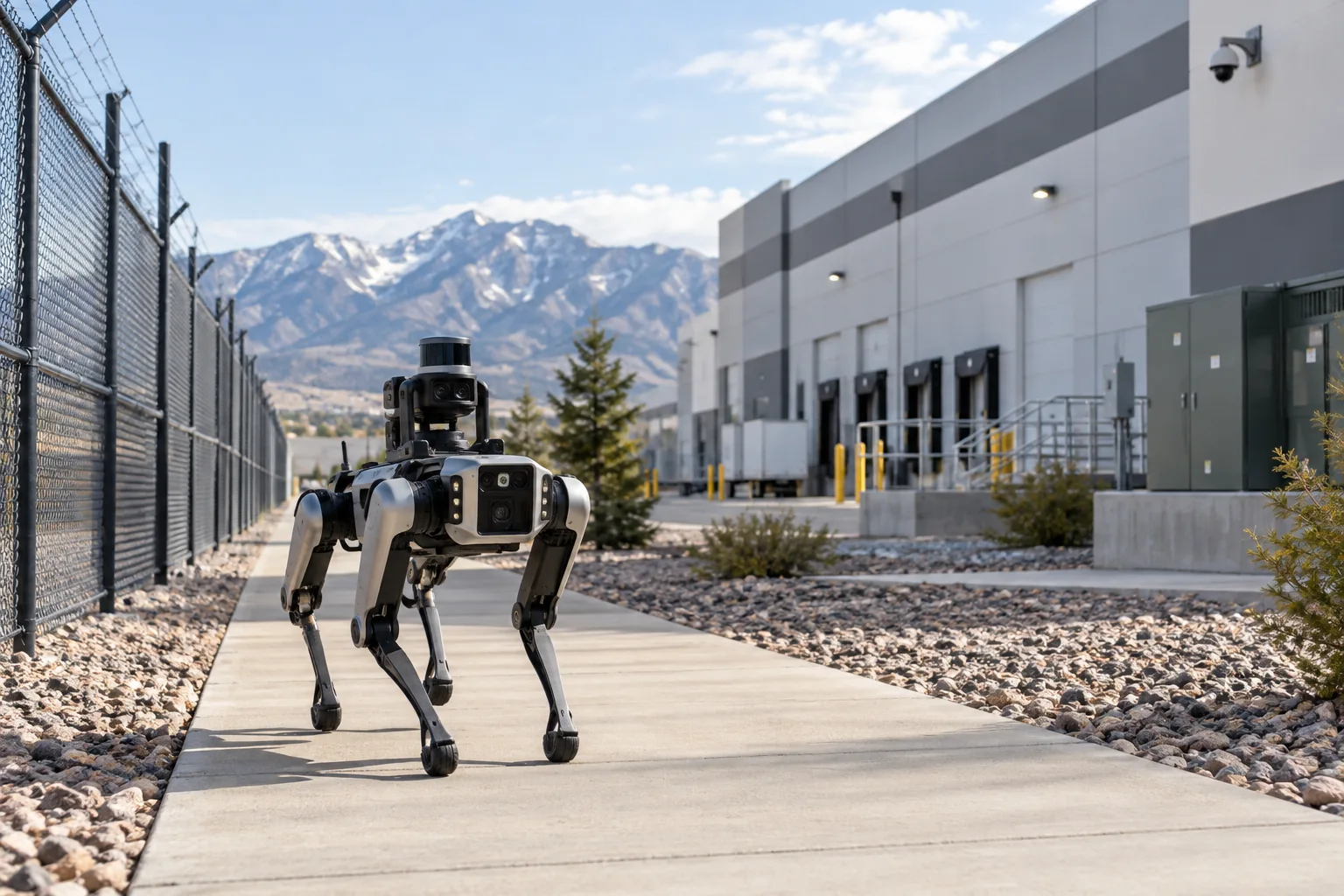 Security robotics: Quadruped inspection robot on a commercial property perimeter
