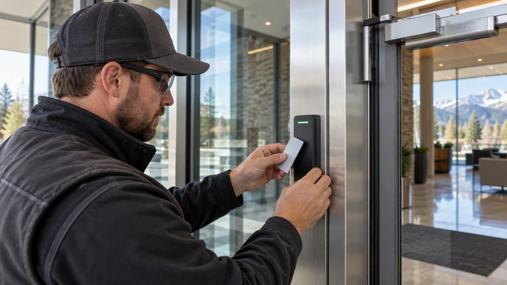 Installation & commissioning: Technician checking an access reader at a finished entry