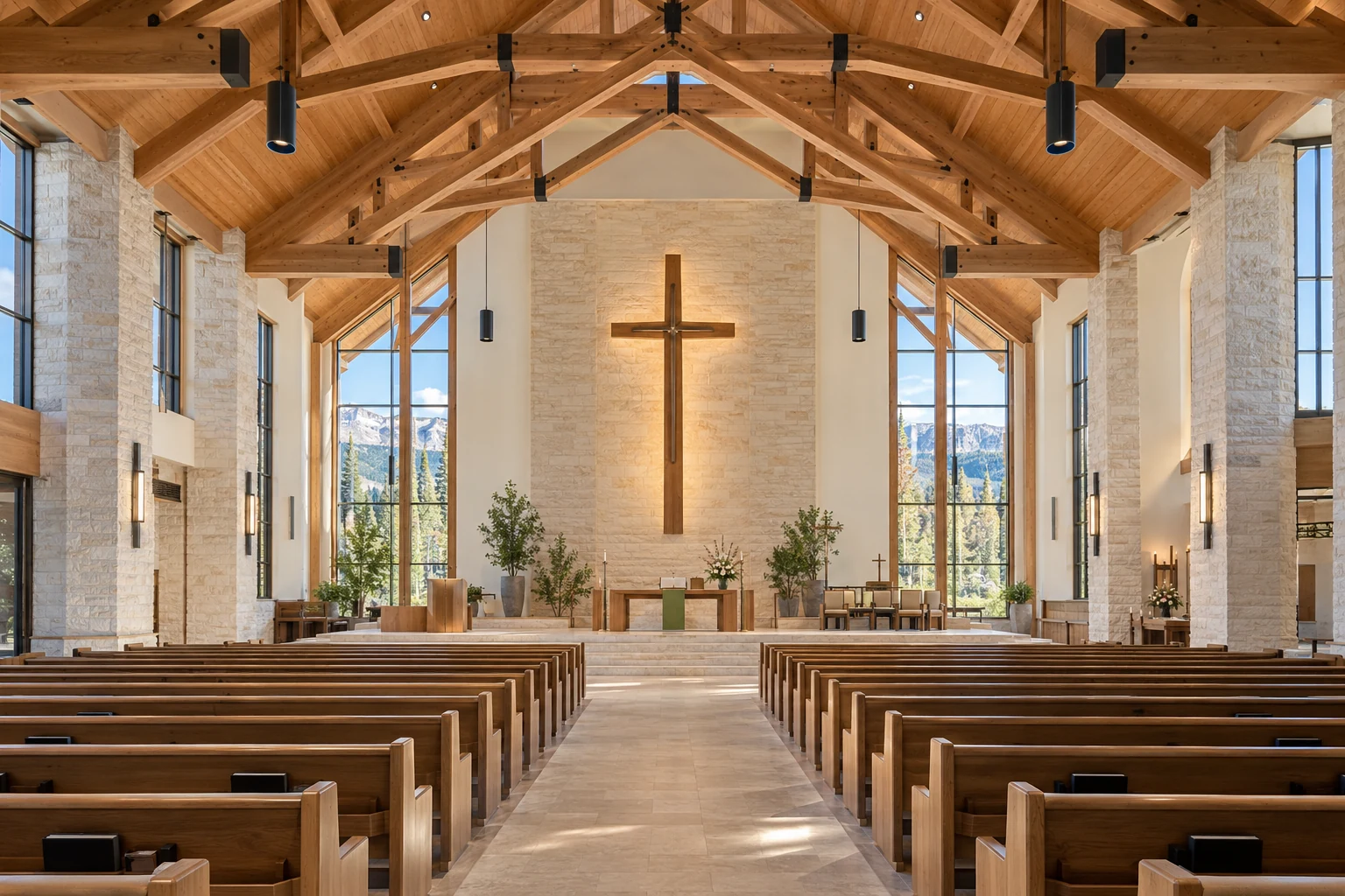 Modern church sanctuary with timber beams, seating and a prominent cross