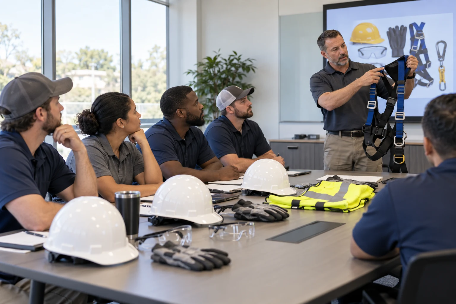 Technicians participating in safety training in an office classroom