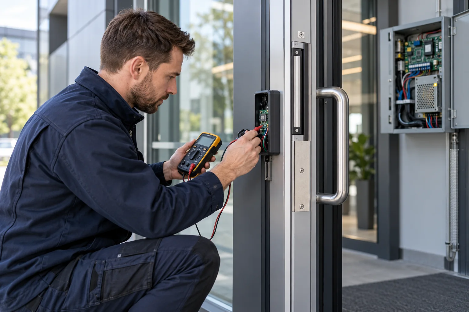 A field guide to access control takeovers: Technician testing a commercial access reader and door hardware
