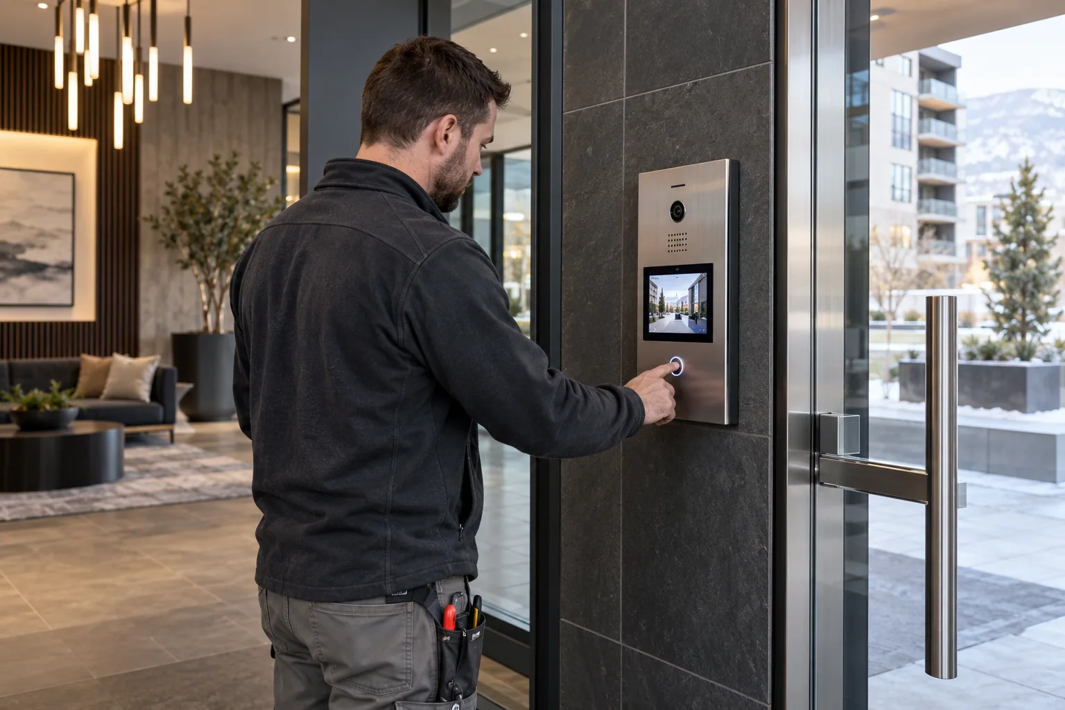 Visitor management: Technician testing a video intercom at a multifamily entry